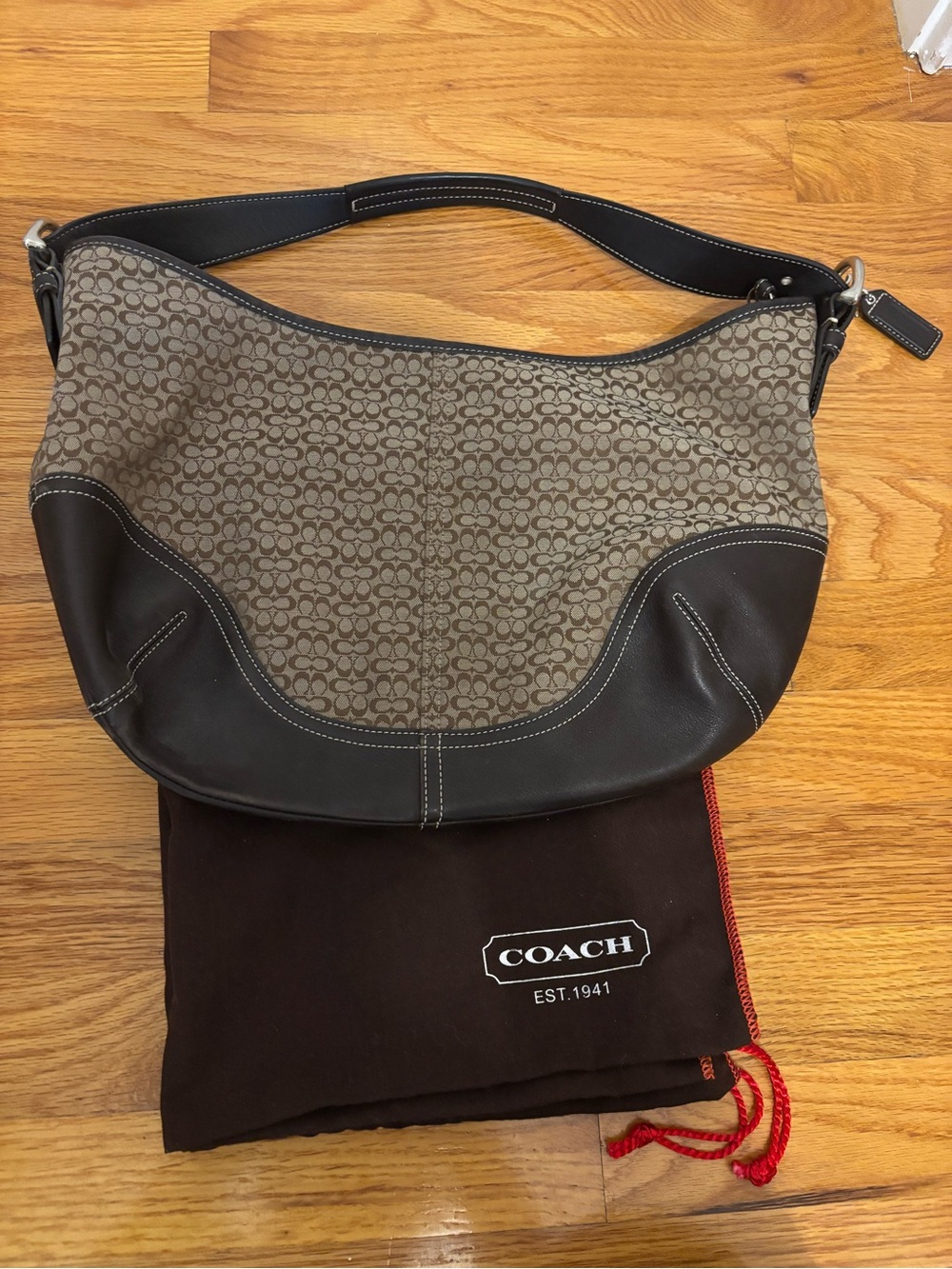 Coach Brown Signature Canvas Shoulder Bag with Dark Brown Leather Trim